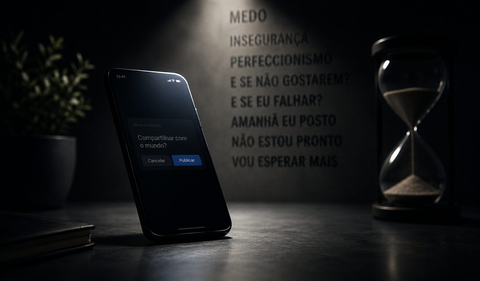 Celular apoiado sobre uma mesa escura, iluminado por uma luz suave